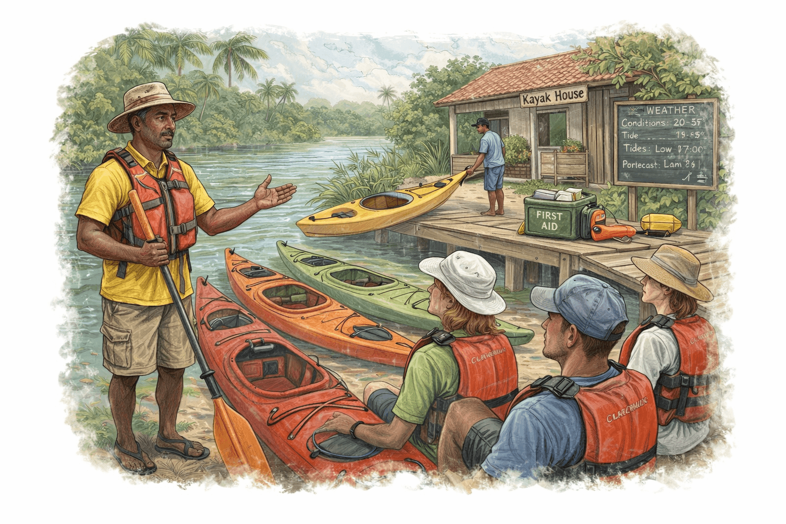 Kayaking with safety gear on calm waters