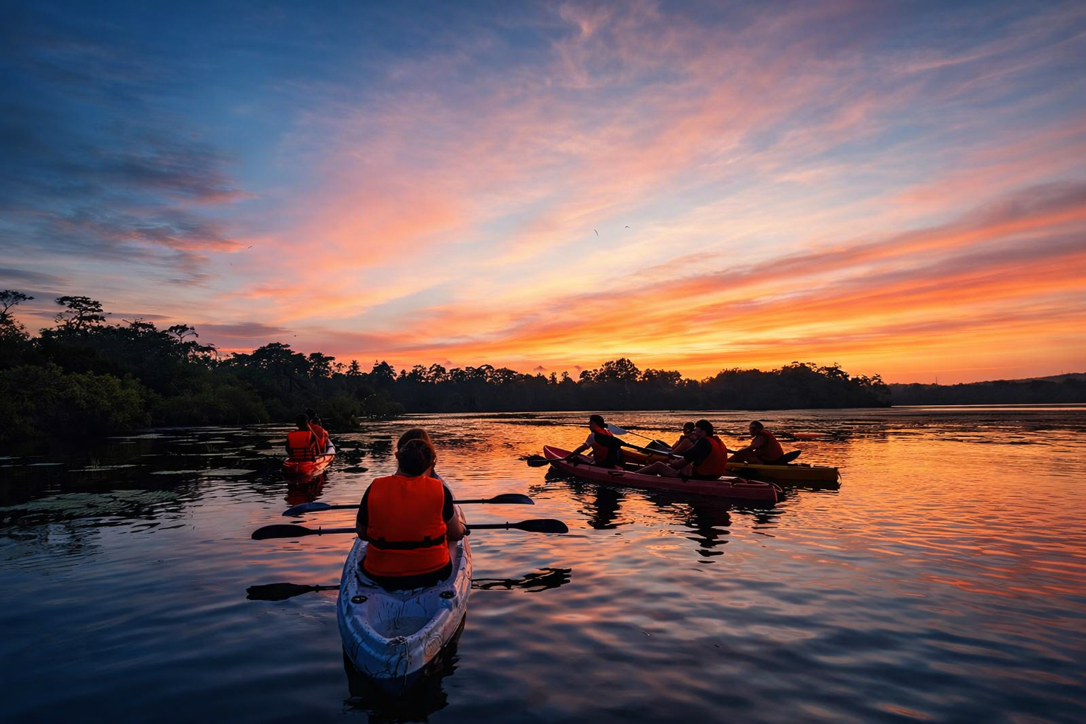 Couple enjoying sunset kayaking in Mawella Lagoon Tangalle Sri Lanka